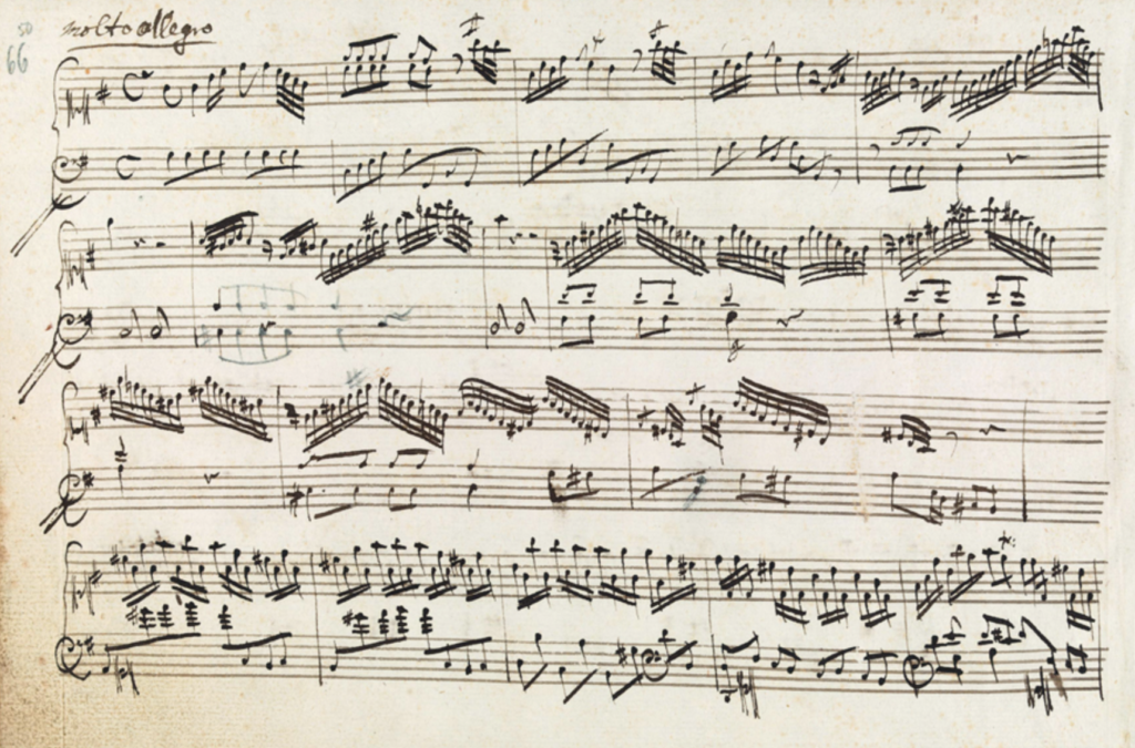 Page de manuscrit musical autographe, écriture ancienne à l'encre brune