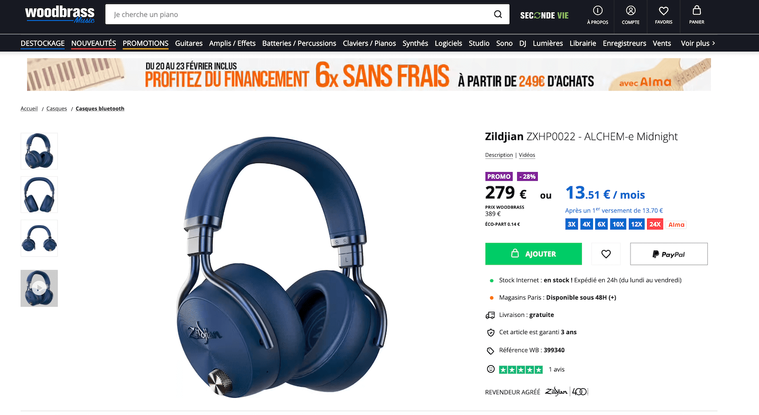 page produit woodbrass avec promotion et paiement en plusieurs fois