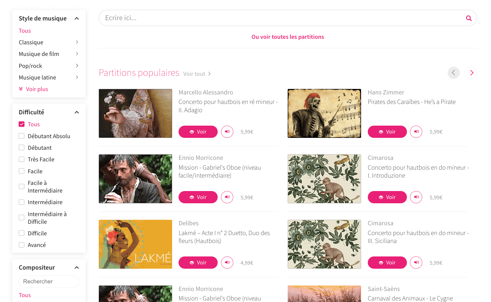 Catalogue de partitions hautbois sur Tomplay
