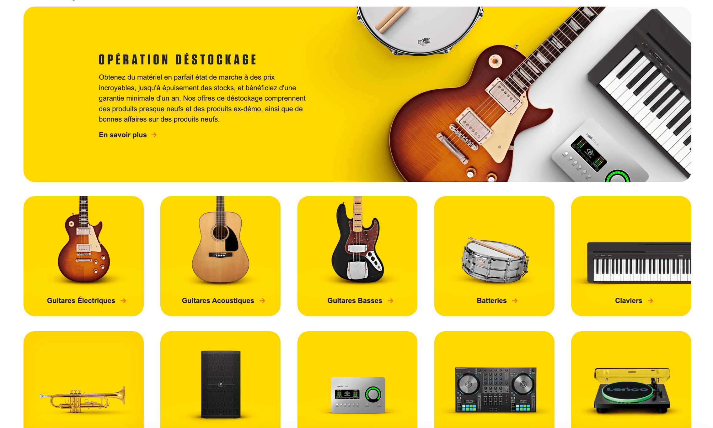 page destockage gear4music avec toutes les categories