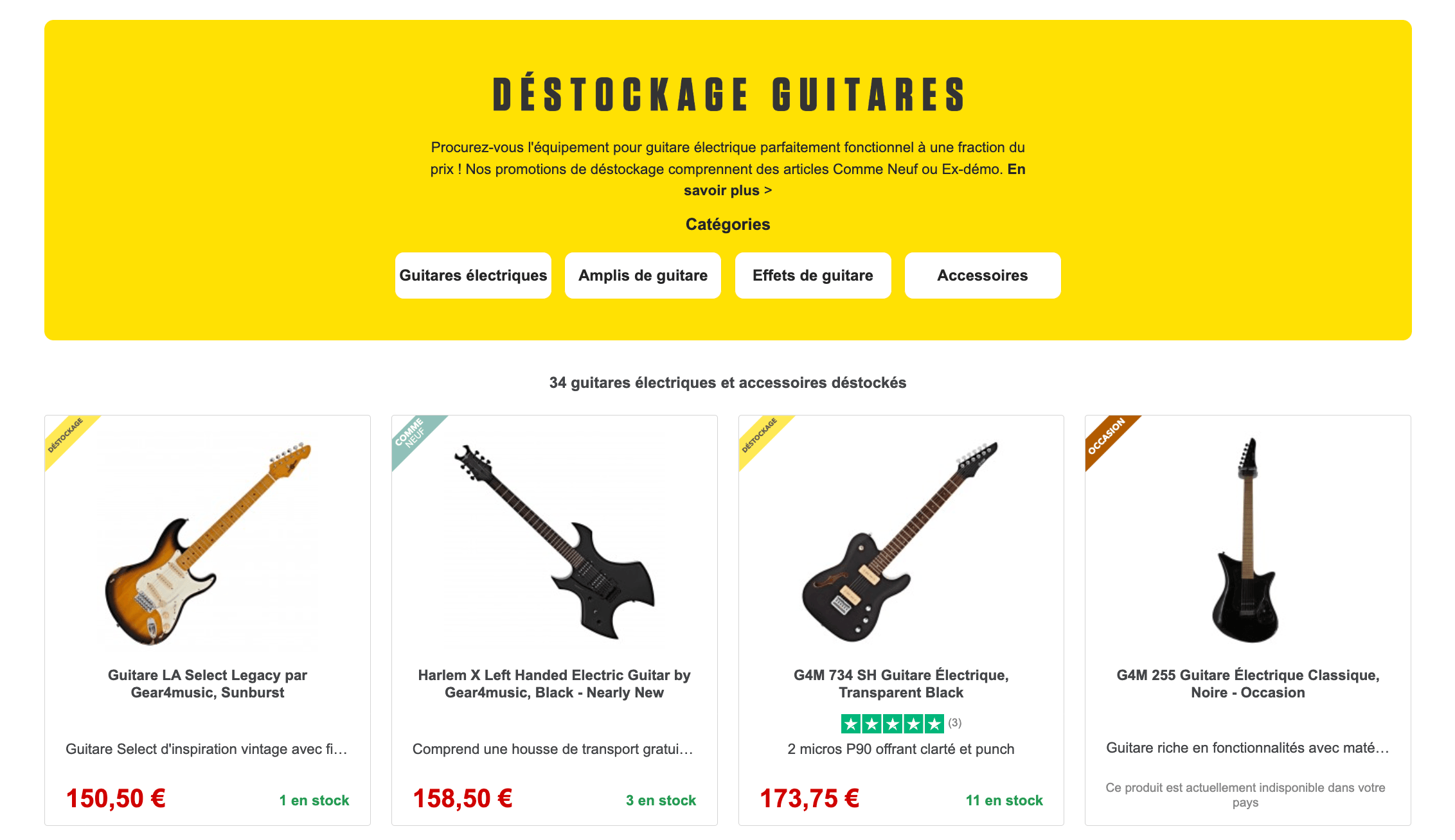 page destockage gear4music guitares