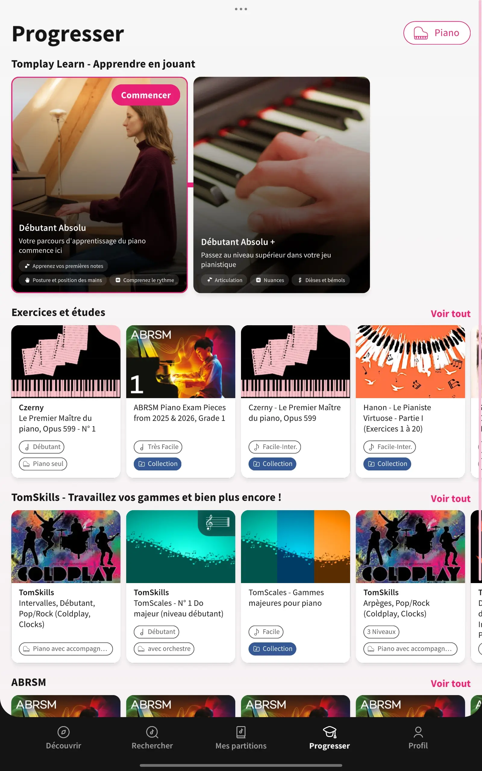Écran d'accueil Progresser de Tomplay Learn avec les parcours Débutant Absolu et Débutant Absolu +