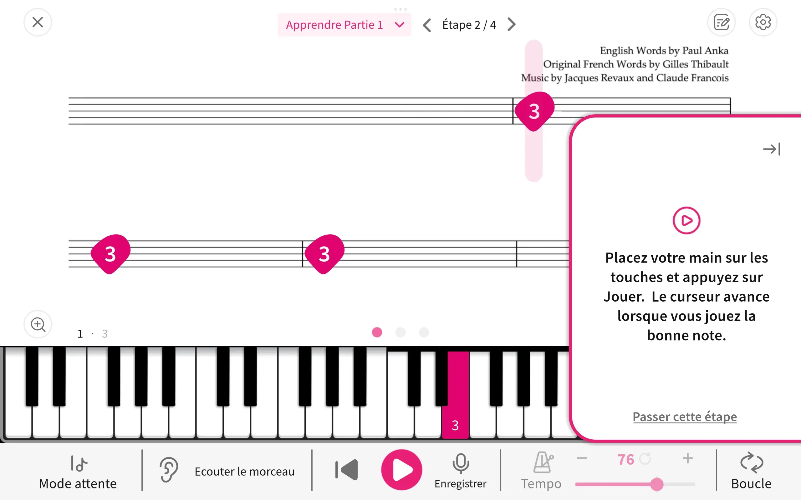 Écran de jeu My Way dans Tomplay Learn : étape 2 sur 4, Mode attente activé, partition affichant les numéros de doigts, tempo réglé à 76