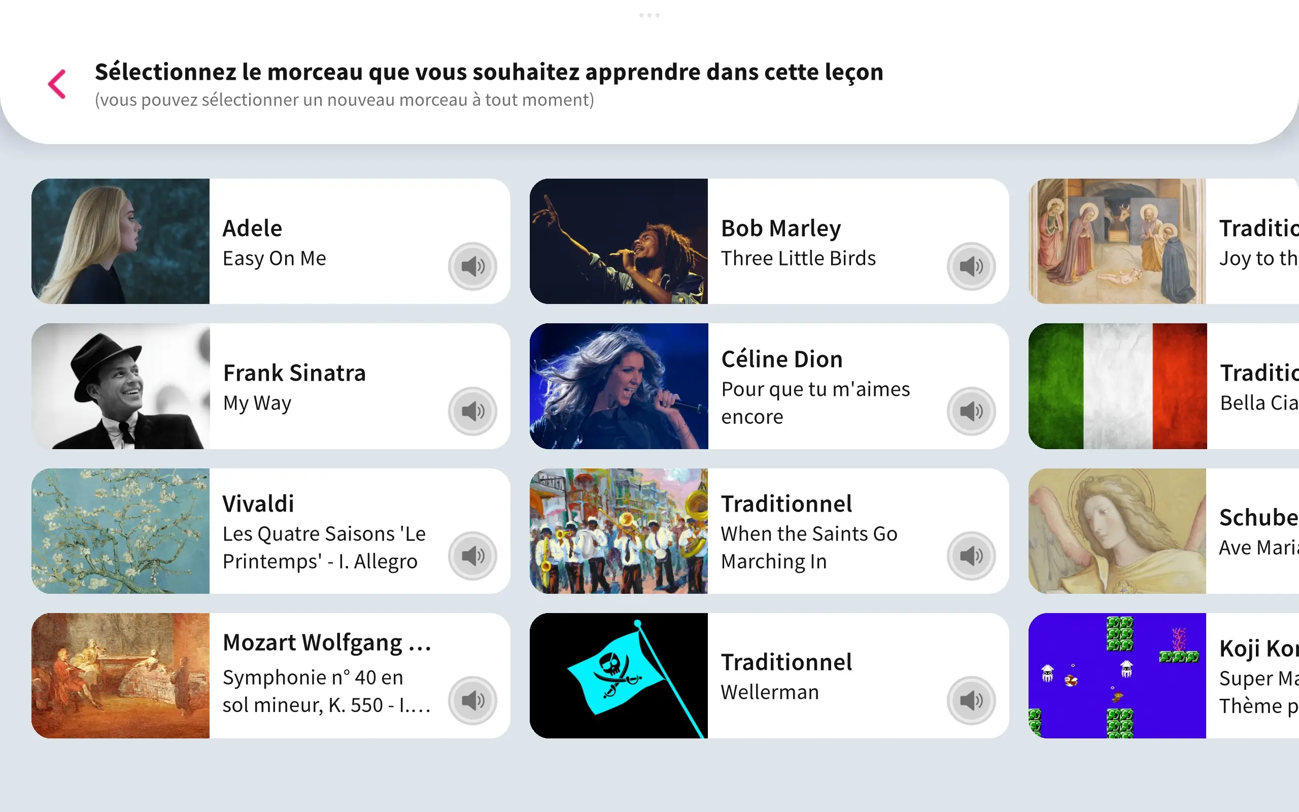 Écran de sélection du morceau dans Tomplay Learn : Adele, Sinatra, Vivaldi, Bob Marley, Céline Dion