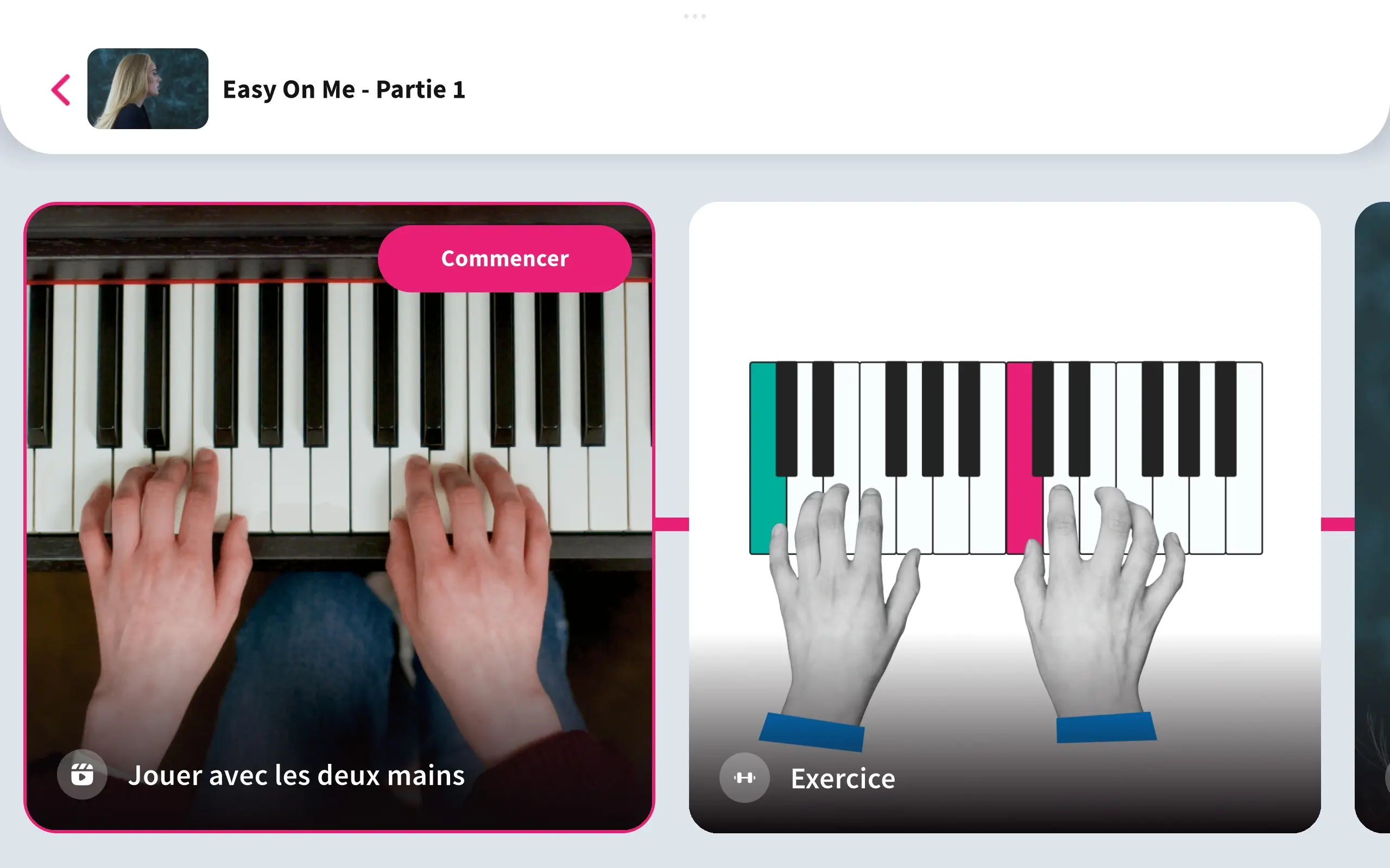 Module Easy On Me Partie 1 dans Tomplay Learn : carte vidéo jouer avec les deux mains et carte exercice