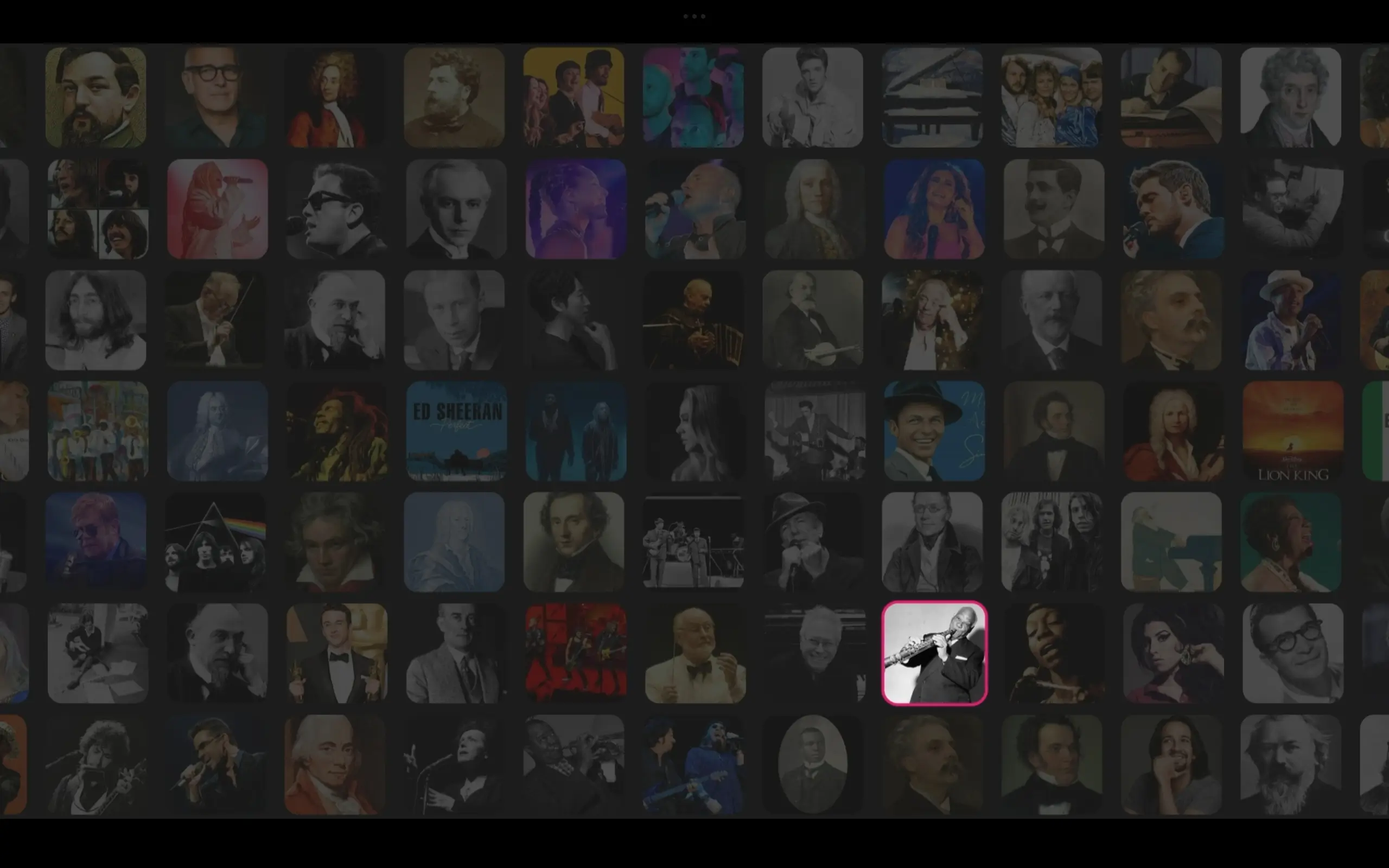 Mosaïque des artistes et compositeurs disponibles dans Tomplay Learn : Debussy, Bob Marley, Ed Sheeran, Adele, Beethoven, Elton John