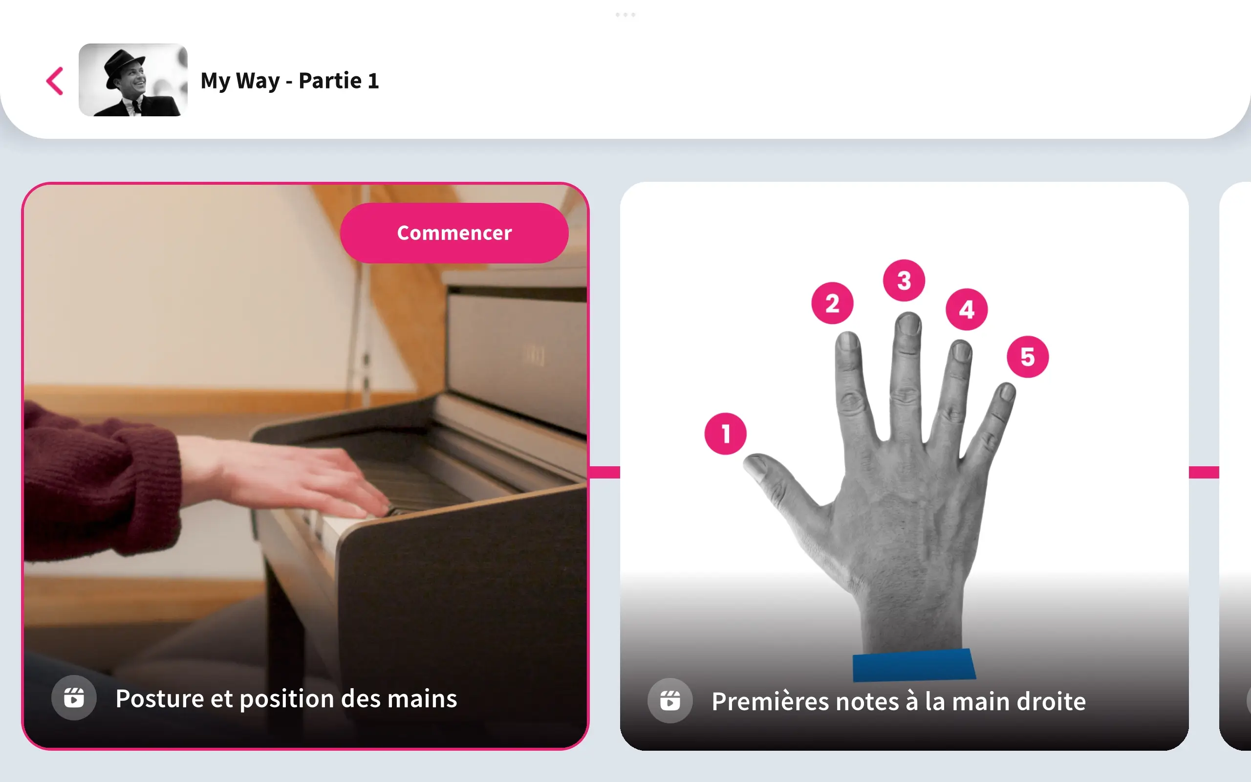 Parcours My Way Partie 1 dans Tomplay Learn : carte vidéo posture et position des mains puis premières notes à la main droite