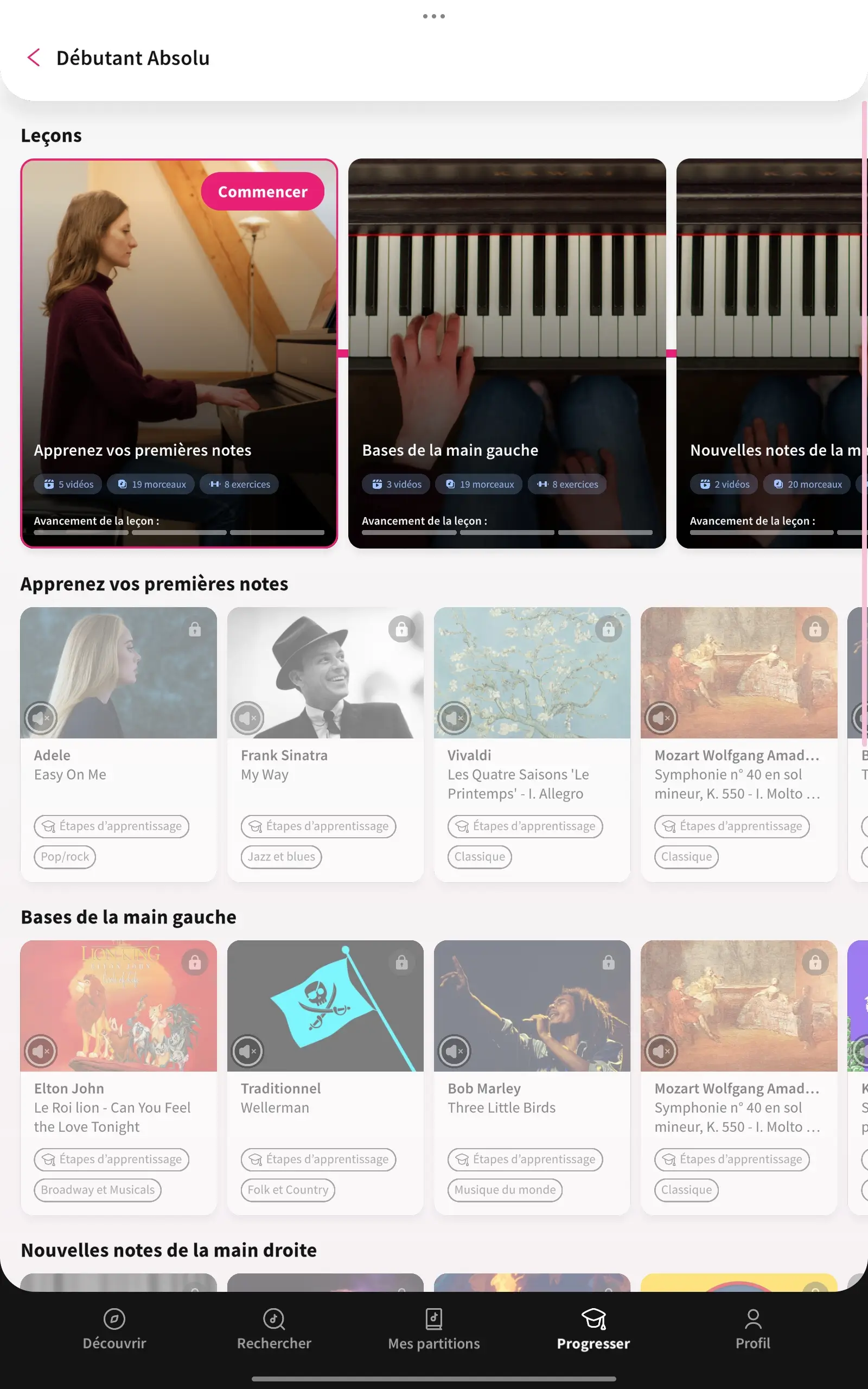 Vue Débutant Absolu de Tomplay Learn : leçons avec nombre de vidéos, morceaux et exercices, et morceaux à débloquer