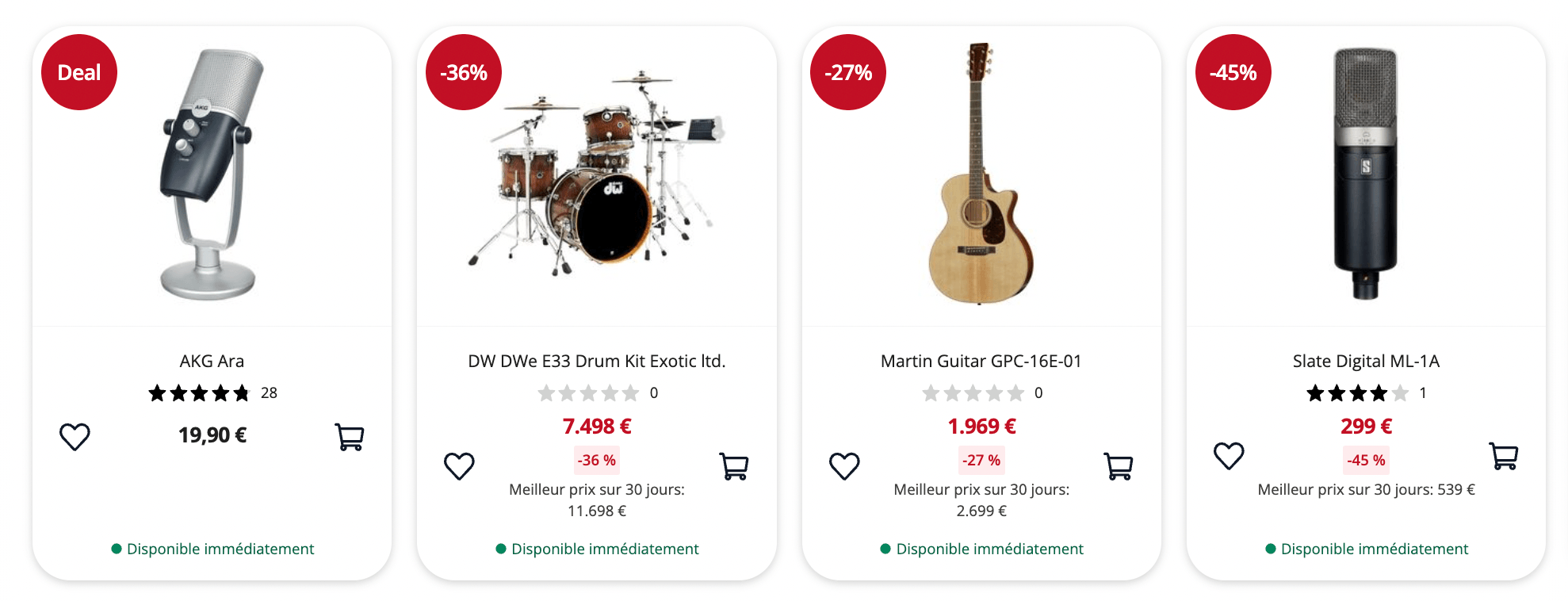 Exemples d'offres Music Days Thomann 2026 : AKG Ara, batterie DW, guitare Martin, micro Slate Digital