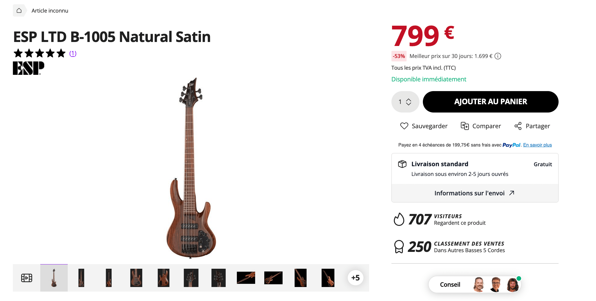 Page produit Music Days : basse ESP LTD B-1005 Natural Satin à -53%