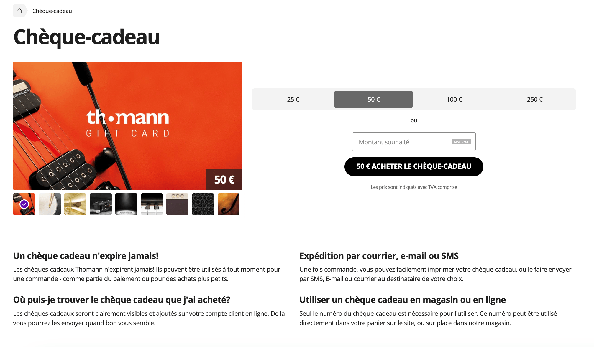 Page chèque-cadeau Thomann : montants 25, 50, 100, 250 euros