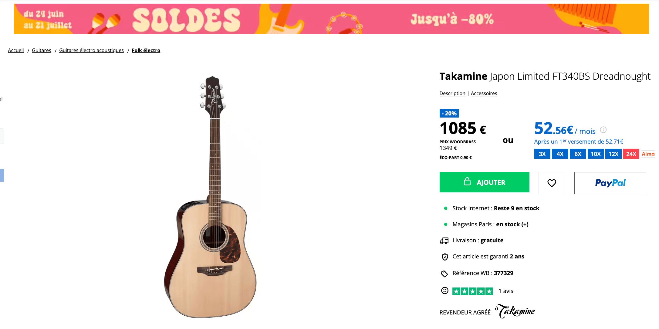 soldes Woodbrass été 2026 remise affichée sur la fiche produit
