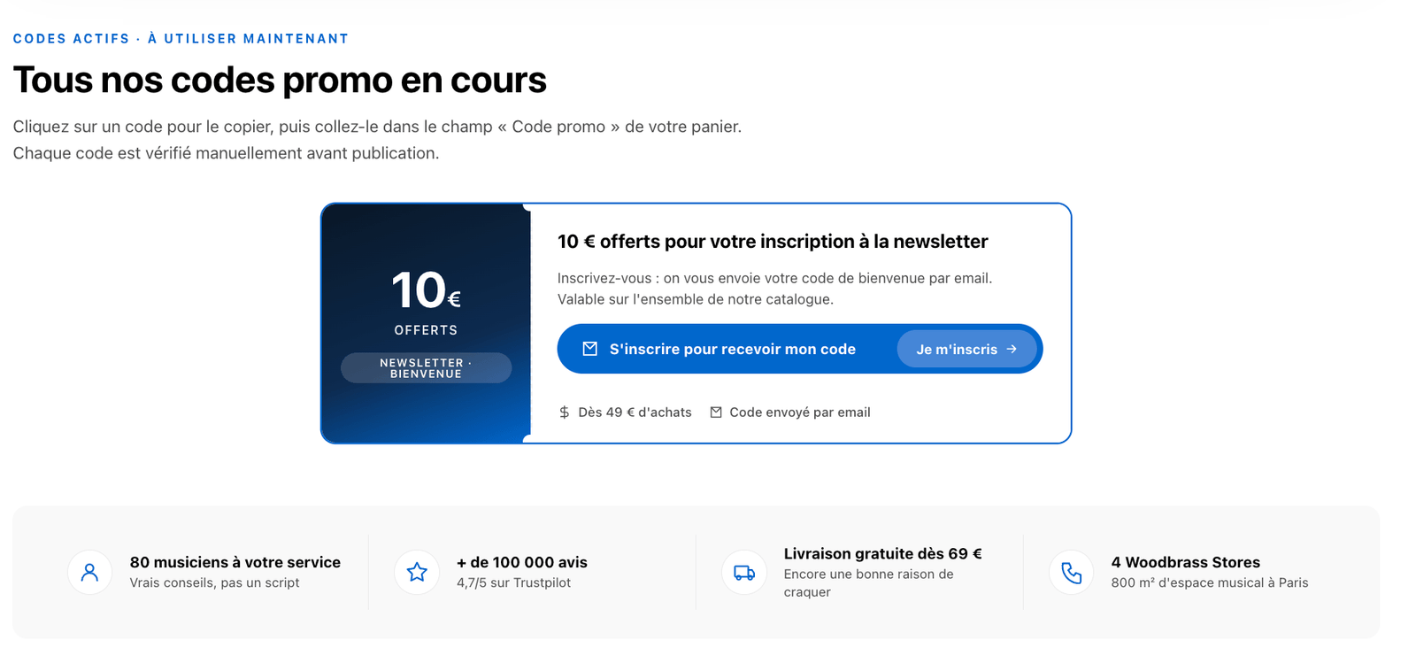 page officielle code promo Woodbrass avec codes actifs et historique