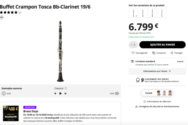 Fiche Thomann de la clarinette Buffet Crampon Tosca : promotion Brass Days, code BrassDays400, 400 € de remise du 15/09 au 15/12/2026