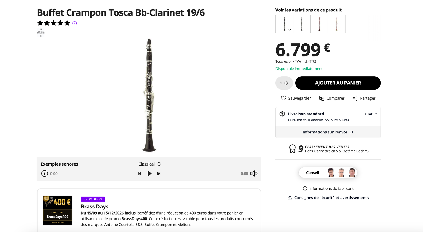 Fiche Thomann de la clarinette Buffet Crampon Tosca : promotion Brass Days, code BrassDays400, 400 € de remise du 15/09 au 15/12/2026