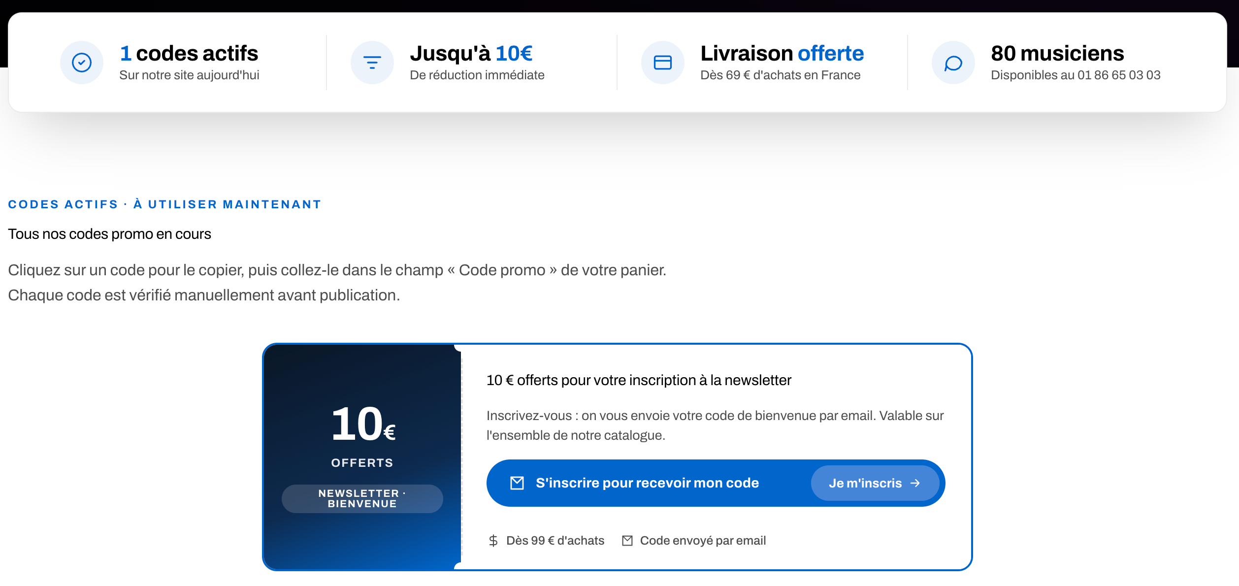 Page code promo officielle Woodbrass au 25 septembre 2026 : un seul code actif, 10 € offerts dès 99 € d'achat pour l'inscription à la newsletter