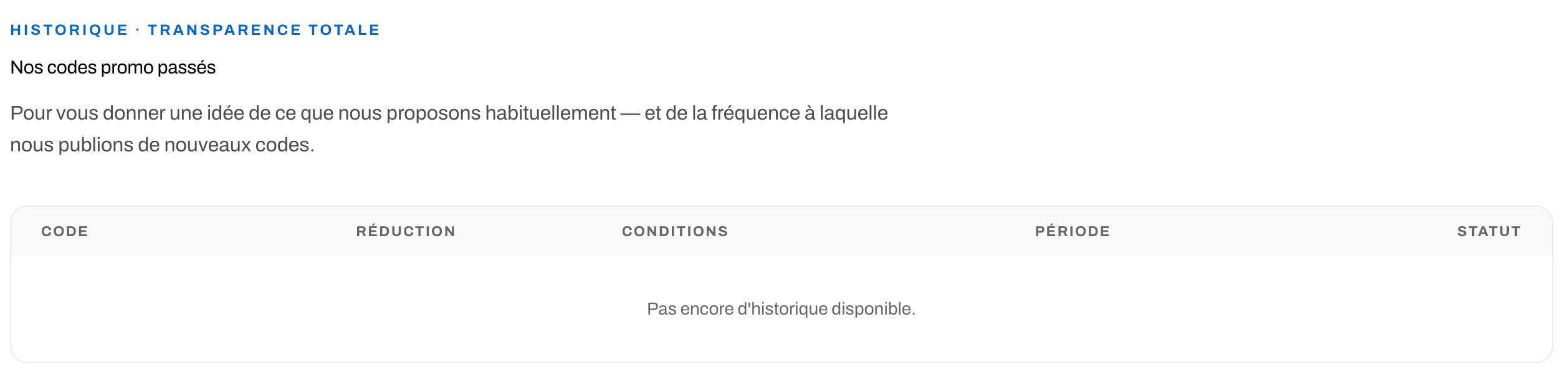 Rubrique historique de la page code promo Woodbrass : pas encore d'historique disponible