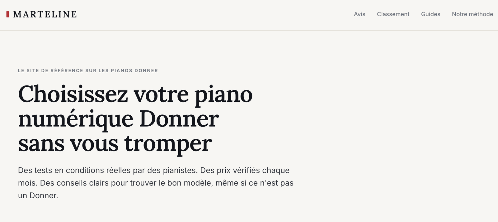 Page d'accueil de Marteline, site dédié aux pianos numériques Donner
