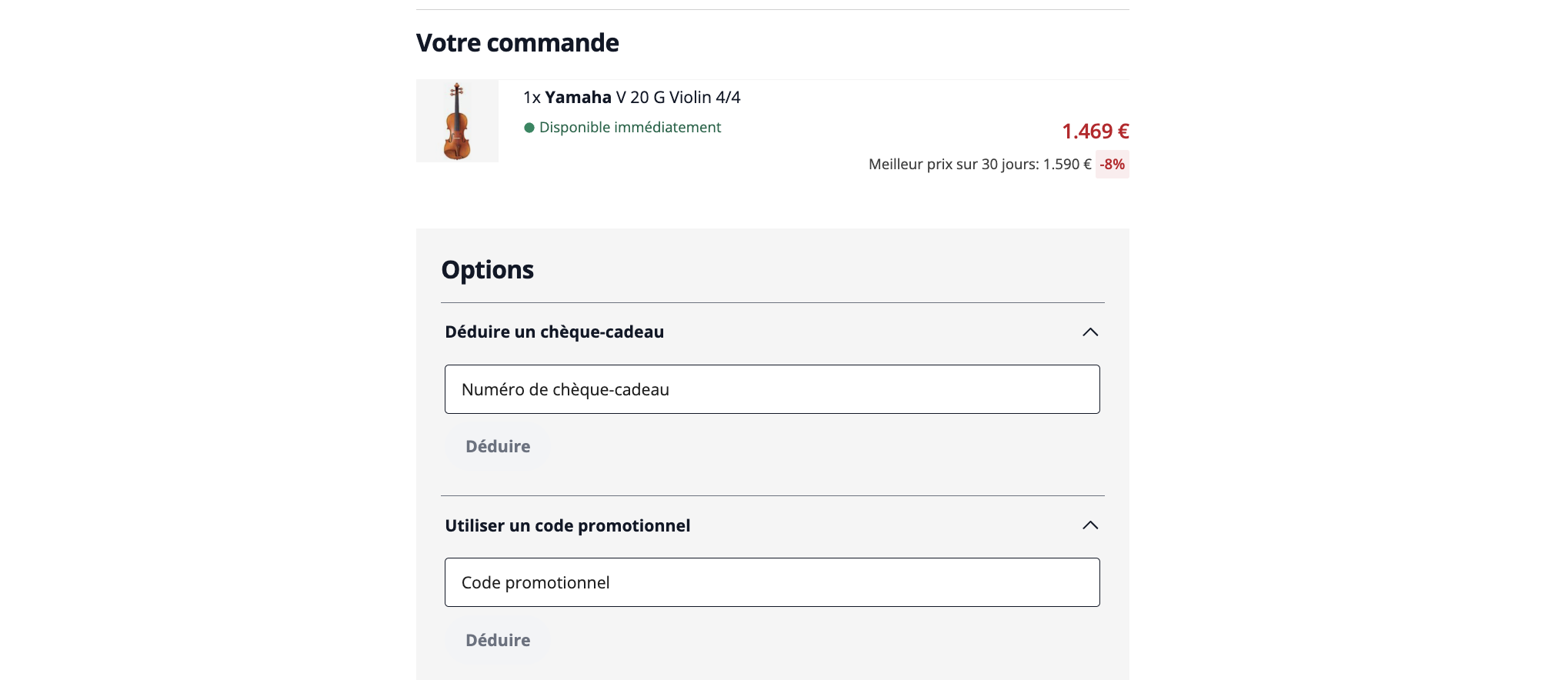 Étape Options de la commande Thomann : champ chèque-cadeau, champ code promotionnel et meilleur prix sur 30 jours