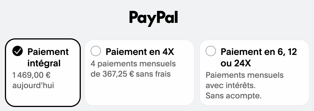 Options de paiement PayPal chez Thomann : paiement intégral, en 4 fois sans frais ou en 6, 12 ou 24 fois avec intérêts