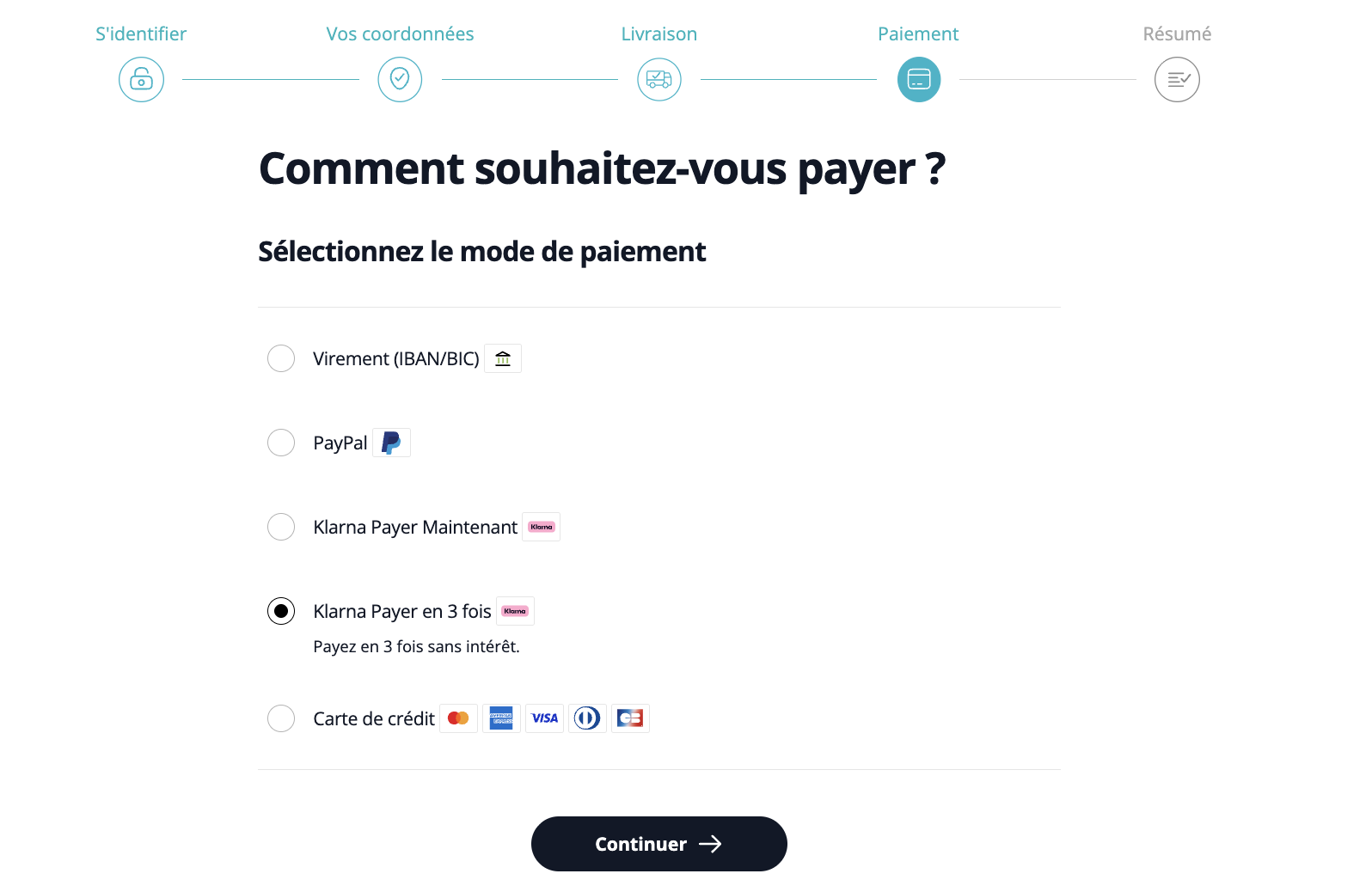 Choix du mode de paiement chez Thomann : virement, PayPal, Klarna payer maintenant, Klarna en 3 fois sans intérêt, carte