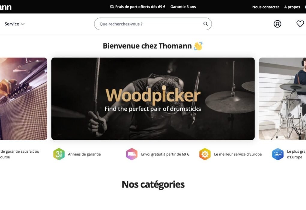 Page d'accueil de thomann.fr : frais de port offerts dès 69 €, garantie 3 ans et 30 jours satisfait ou remboursé