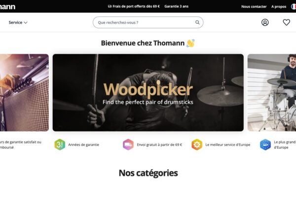 Page d'accueil de thomann.fr : frais de port offerts dès 69 €, garantie 3 ans et 30 jours satisfait ou remboursé