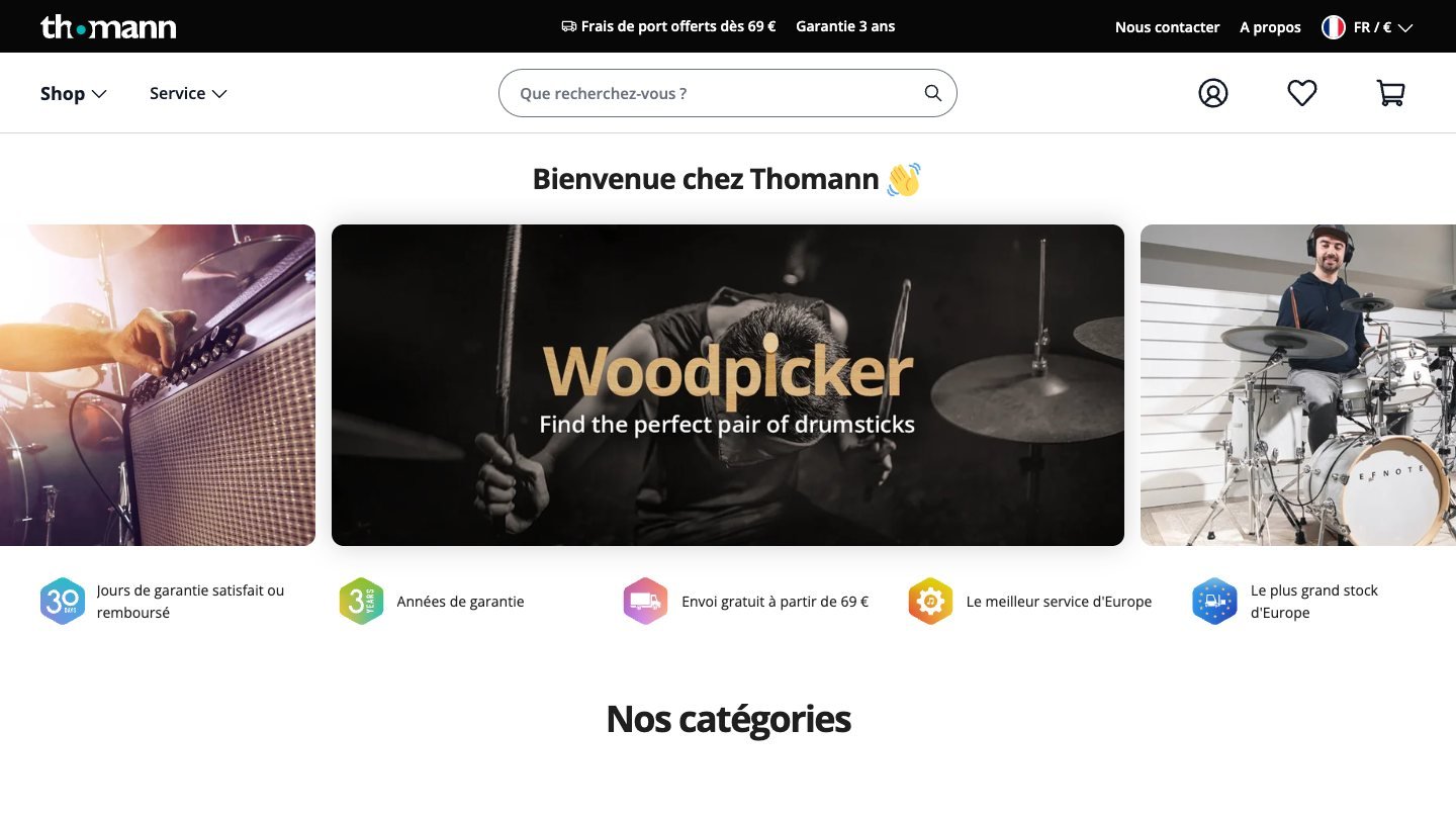 Page d'accueil de thomann.fr : frais de port offerts dès 69 €, garantie 3 ans et 30 jours satisfait ou remboursé