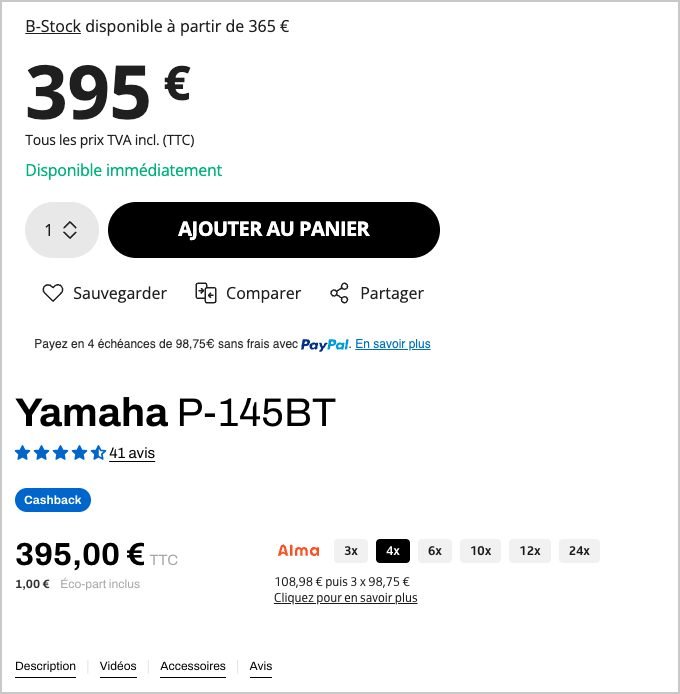Le Yamaha P-145 BT à 395 € chez Thomann (en haut) et à 395 € chez Woodbrass (en bas)