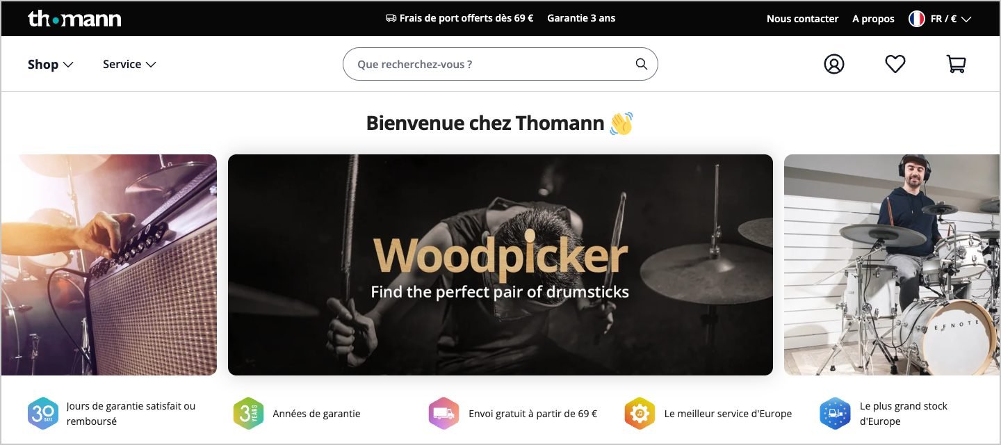 Page d'accueil de thomann.fr : frais de port offerts dès 69 €, garantie 3 ans et garantie 30 jours satisfait ou remboursé