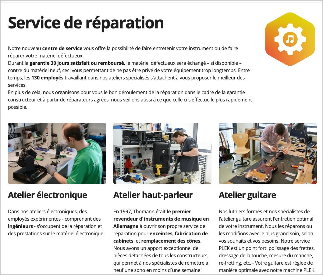 Page service de réparation de Thomann : atelier électronique, atelier haut-parleur, atelier guitare