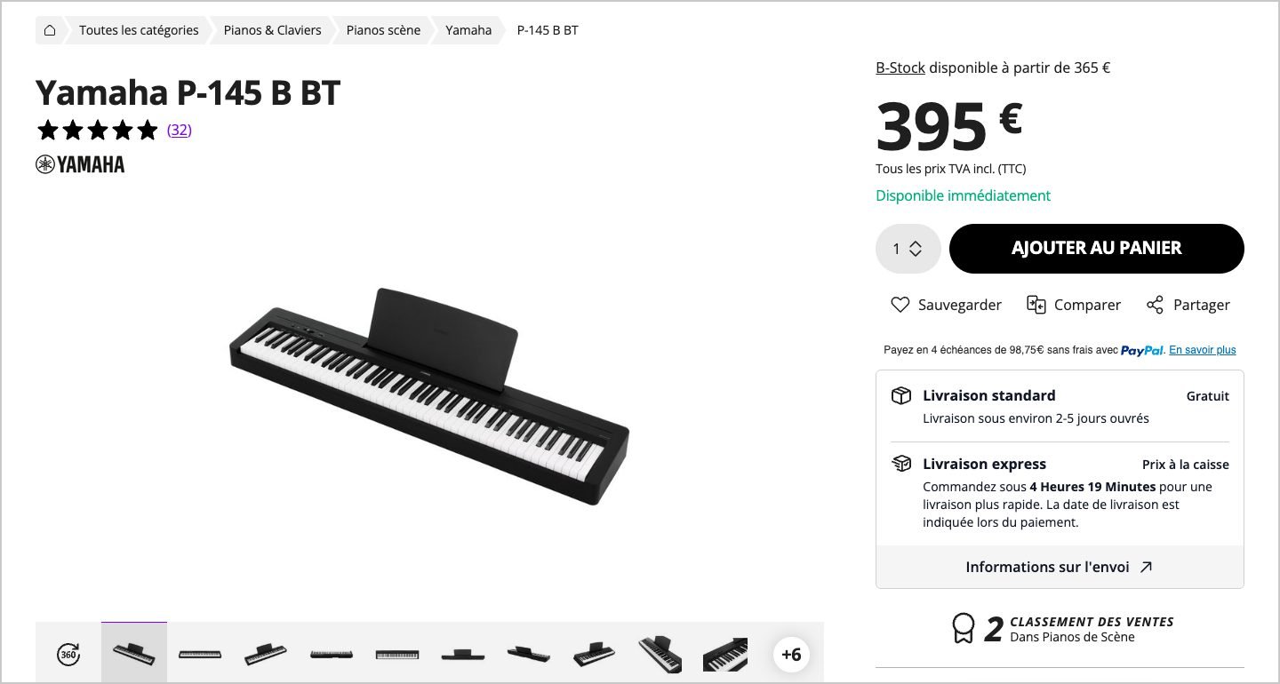 Fiche produit Thomann du piano numérique Yamaha P-145 B BT à 395 €, avec B-Stock disponible à partir de 365 € et livraison standard gratuite