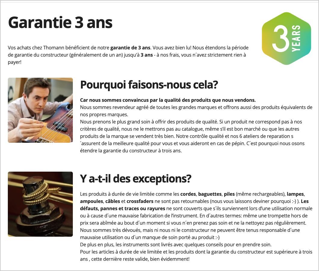 Page garantie 3 ans de Thomann : extension de la garantie constructeur à 3 ans aux frais de Thomann, exceptions pour cordes, baguettes, piles et câbles