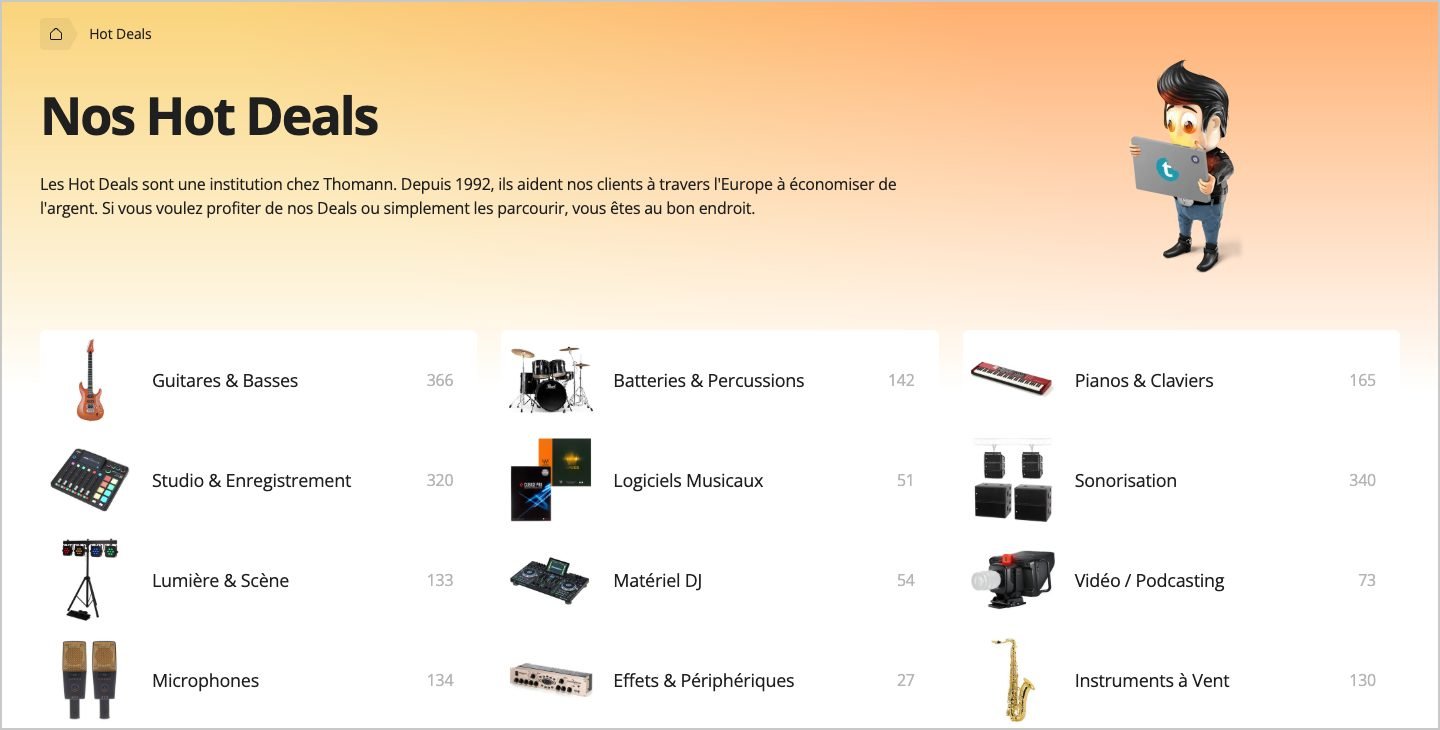 Page Hot Deals de Thomann : nombre d'offres par rayon, guitares, batteries, pianos, studio, sonorisation, instruments à vent