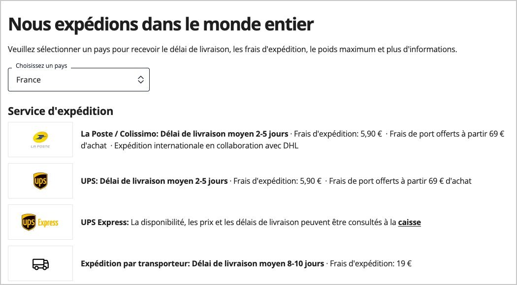 Page frais de port Thomann pour la France : Colissimo et UPS 2 à 5 jours à 5,90 €, offerts dès 69 €, transporteur 8 à 10 jours à 19 €