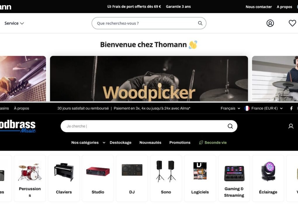 Les pages d'accueil de Thomann et de Woodbrass, l'une au-dessus de l'autre
