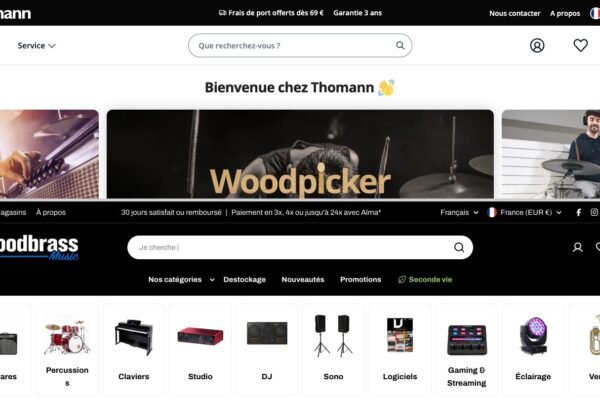 Les pages d'accueil de Thomann et de Woodbrass, l'une au-dessus de l'autre