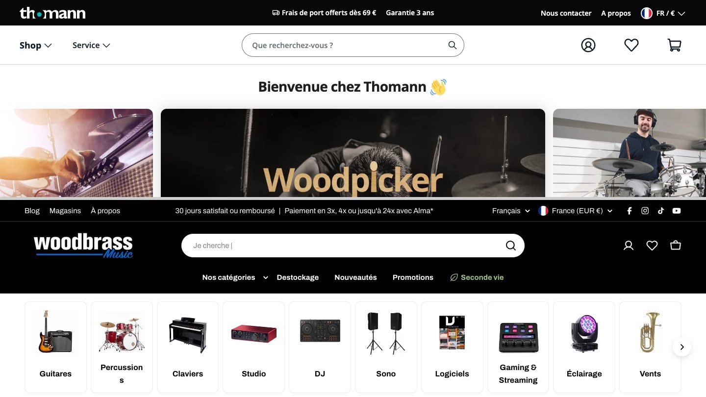 Les pages d'accueil de Thomann et de Woodbrass, l'une au-dessus de l'autre