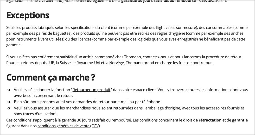 Conditions Thomann : retours depuis l'UE, la Suisse, le Royaume-Uni et la Norvège aux frais de Thomann, procédure de retour depuis l'espace client