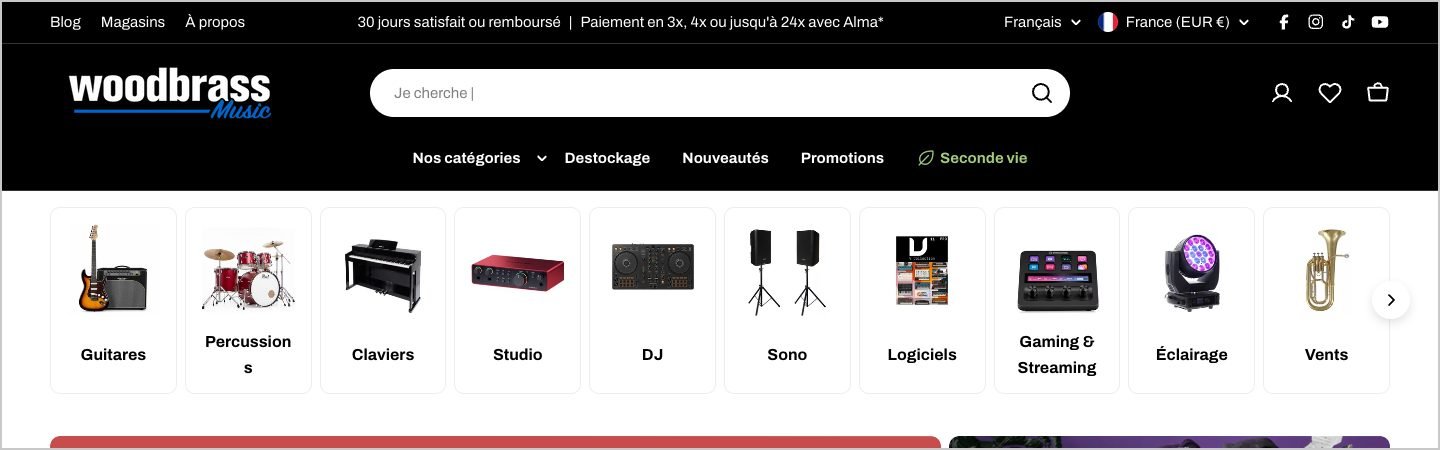 Page d'accueil de woodbrass.com : 30 jours satisfait ou remboursé et paiement en 3, 4 ou jusqu'à 24 fois avec Alma