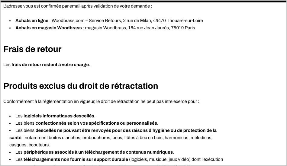 Politique de remboursement Woodbrass : adresse de retour à Thouaré-sur-Loire et frais de retour à la charge du client