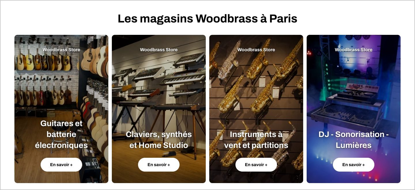 Les quatre magasins Woodbrass à Paris : guitares et batteries électroniques, claviers et home studio, instruments à vent et partitions, DJ et sonorisation