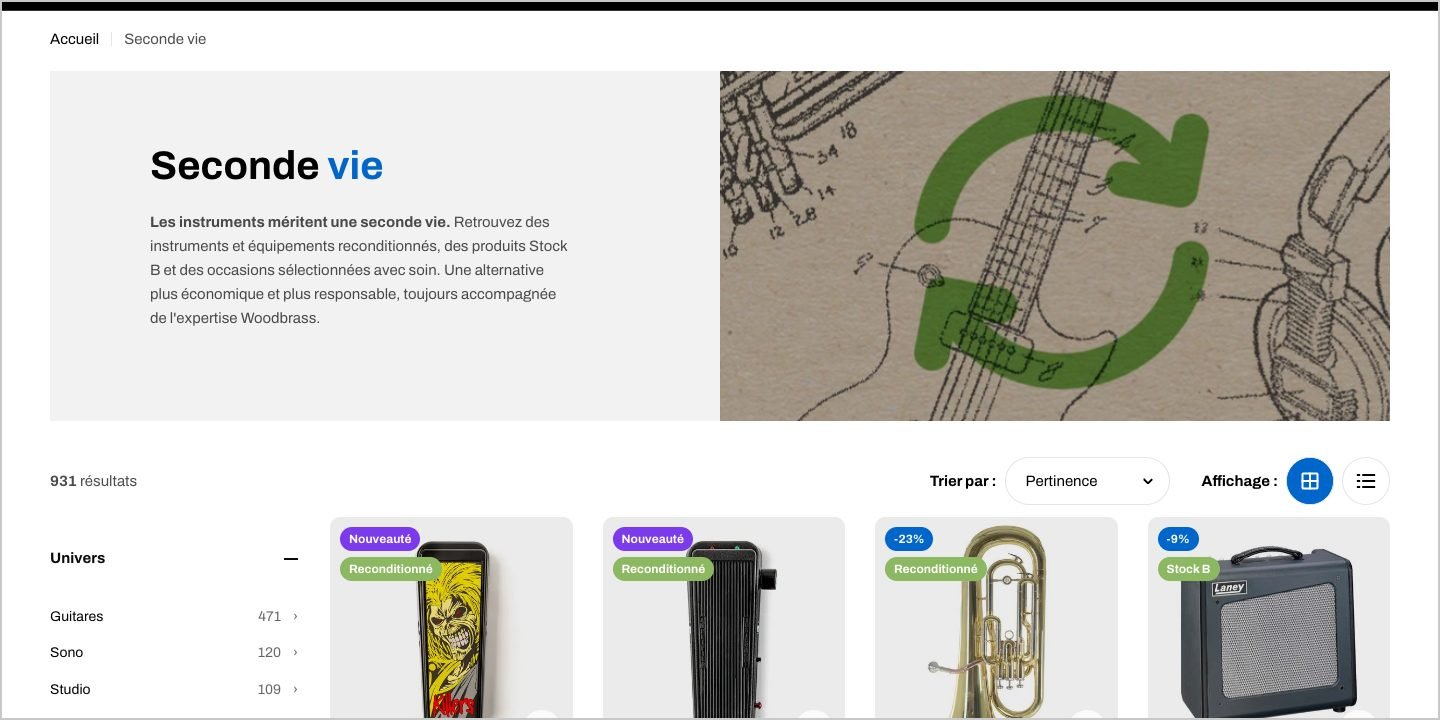 Rubrique Seconde vie de Woodbrass : instruments reconditionnés, Stock B et occasions sélectionnées, 931 résultats